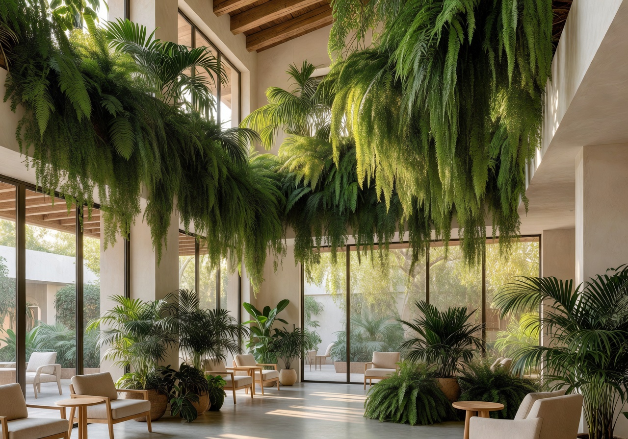 Atrium of boutique hotel with cascading hanging ferns and palms