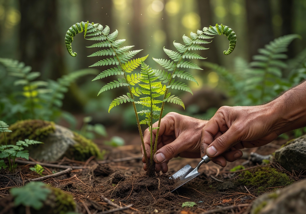 Botanist hands tending to a young fern in soft natural light