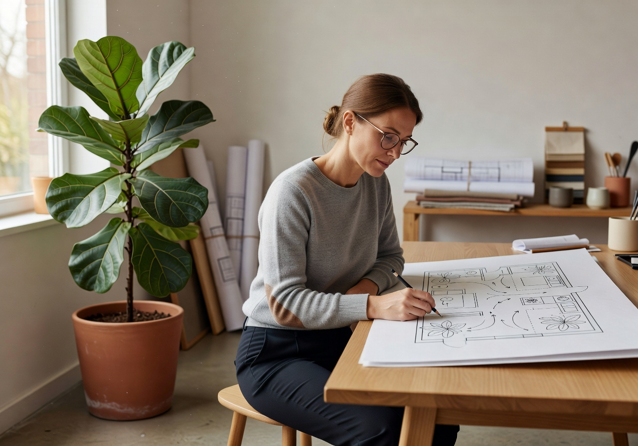 Designer sketching plant placement next to a potted fiddle leaf fig