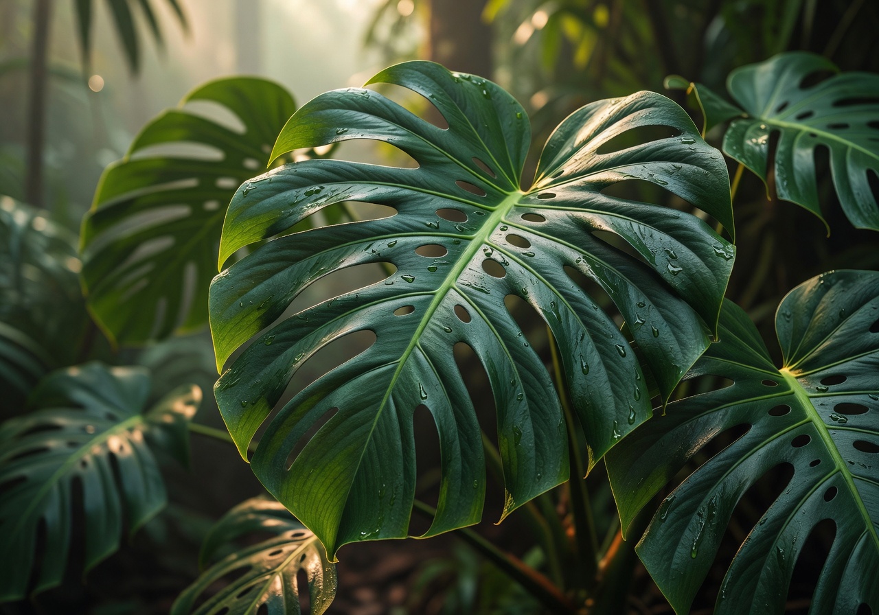 Detail of monstera leaves catching morning light