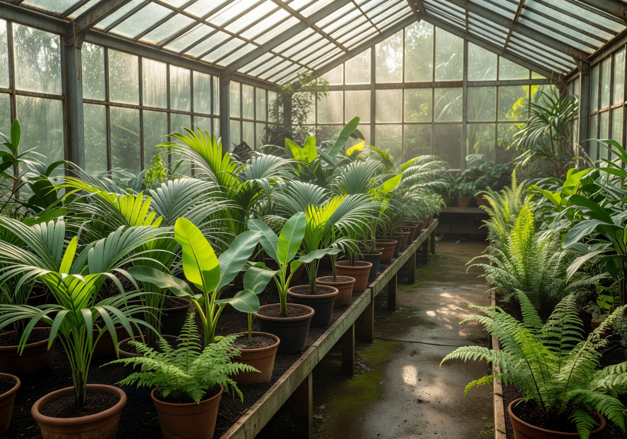 Greenhouse interior with rows of young tropical plants