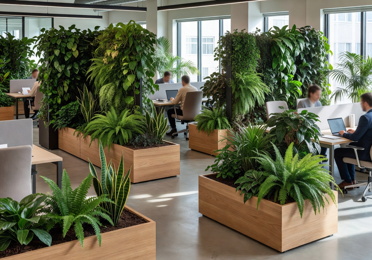 Open-plan office with biophilic green dividers and planters