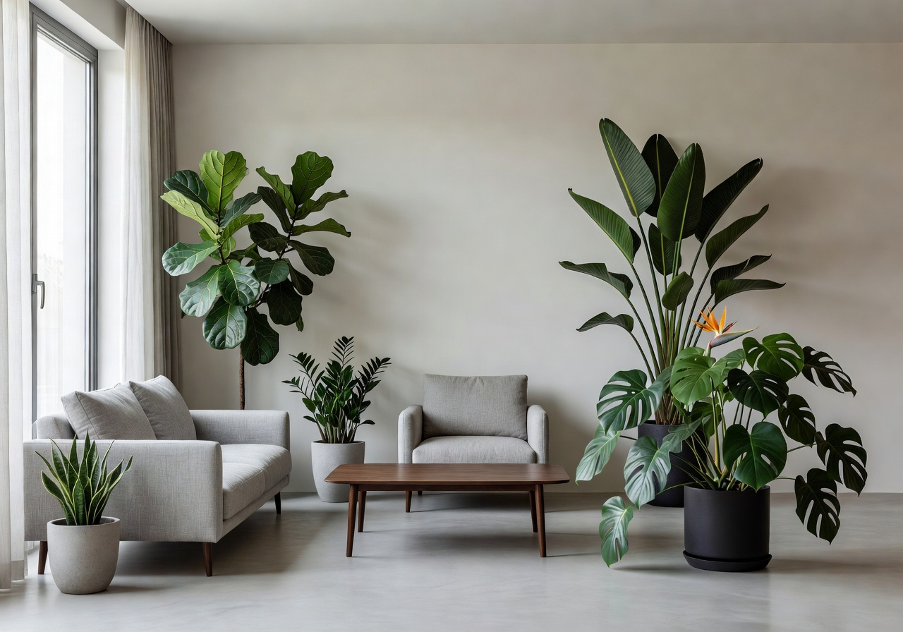 Quiet modern living room styled with sculptural floor plants