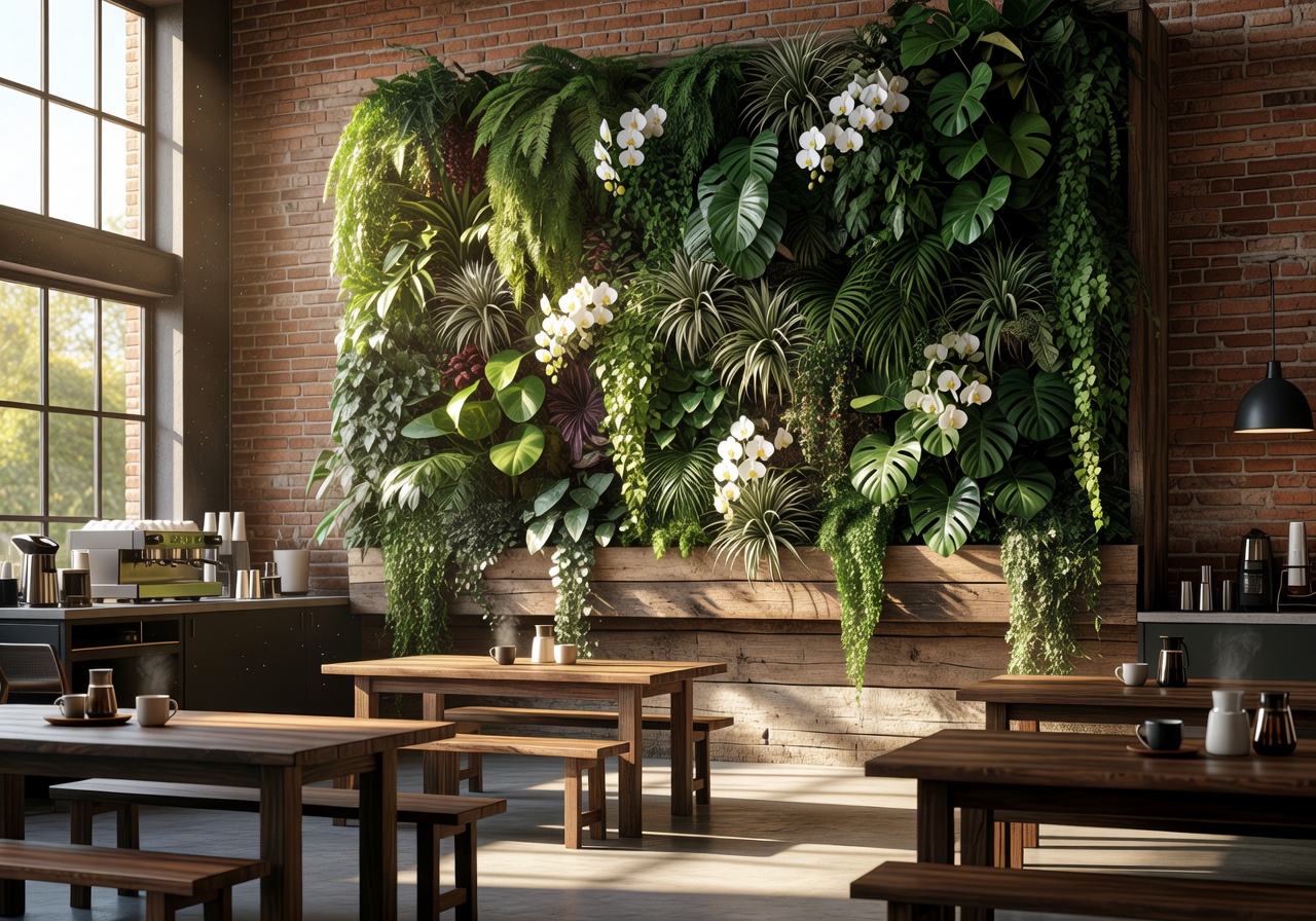 Sunlit café interior with custom living wall installation