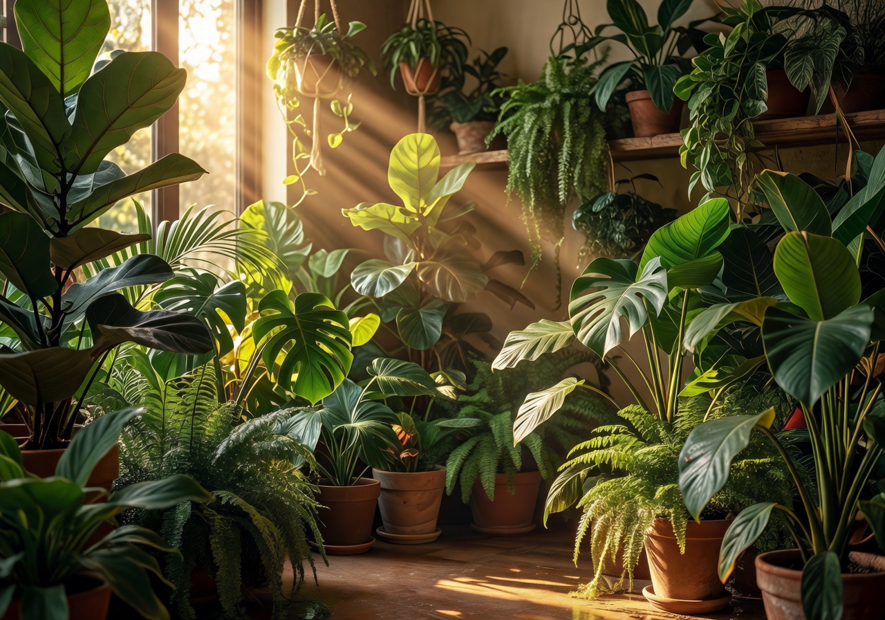 Sunlit interior filled with lush tropical indoor plants